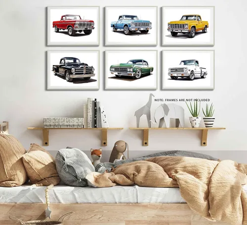 Vista 2 de MOCVSWO Impresiones artísticas clásicas para pared de auto, camioneta con acuarela, carteles, decoración de habitación de niños, decoración