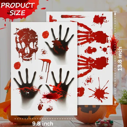 Vista 7 de 126 calcomanías de decoración de Halloween, 12 hojas de Halloween para ventana, pared, piso, huellas de manos sangrientas, calcomanías de huellas
