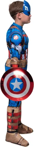 Vista 3 de Marvel Captain America Official Youth Deluxe Costume - Padded Jumpsuit with Gloves, Half Mask, and Shield