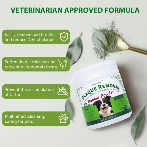 Vista 5 de Petstoral Polvo dental natural para perros, cuidado dental para perros, removedor de placa y tratamiento para el mal aliento, encías saludables