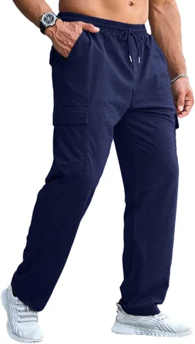 Vista 4 de CTU Pantalones deportivos holgados de moda para hombre, ligeros, para entrenamiento, pantalones deportivos con parte inferior abierta con bolsillos
