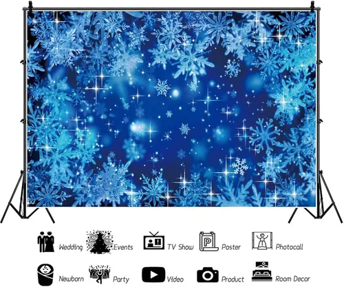 Vista 2 de Telón de fondo de invierno de 10 x 8 pies para fotografía, fondo de nieve azul, copo de nieve, fondo de nieve, decoración de fiesta de Año Nuevo