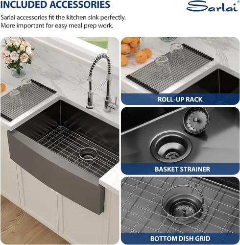 Vista 7 de Sarlai Fregadero negro de granja – Fregadero de cocina frontal con delantal de 30 pulgadas x 22 pulgadas, fregadero de cocina estilo casa de campo