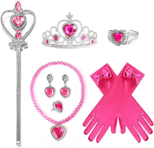 Vista 7 de Disfraz de princesa rosa para niñas y niños con accesorios varitas mágicas, collares, coronas y guantes
