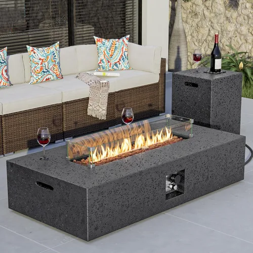 Vista 18 de COSIEST mesa de fogata a propano para exteriores de 35 pulgadas cuadrada de arenisca con protector contra el viento y mesa lateral, certificada