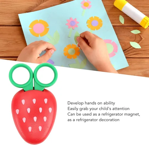 Vista 3 de Tijeras de plástico para niños, diseño de seguridad para niños, mini cortadores de papel portátiles con forma de fresa, suministros de manualidades