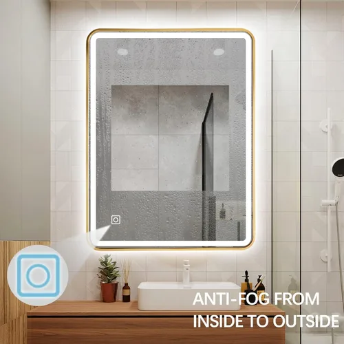 Vista 8 de Espejo de baño LED dorado, retroiluminado de 36 x 24 pulgadas y espejo de tocador frontal Espejo rectangular iluminado con 3 colores, regulable