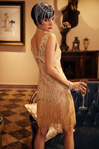 Vista 6 de BABEYOND Vestido de mujer con estilo charlestón de los años 20, cuello en V, con cuentas y flecos, estilo Gran Gatsby
