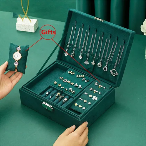 Vista 4 de Joyero portátil de viaje de doble capa con terciopelo verde organizador de exhibición para aretes collar y anillo color verde