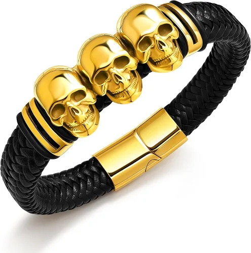 Vista 9 de Pulseras de cuero trenzado de calavera gótica para hombres y mujeres, acero inoxidable 316L, chapado en oro de 18 quilates, pulsera de cuero tejida