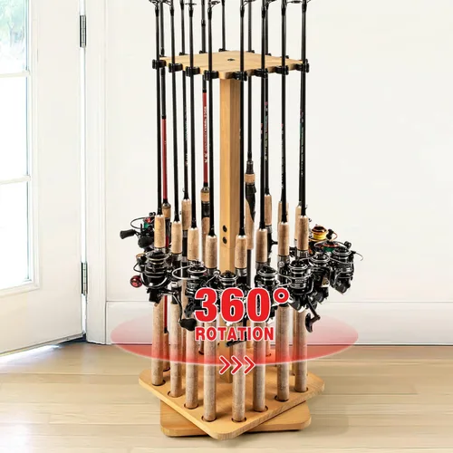 Vista 9 de Ghosthorn Soportes para cañas de pescar para garaje, soporte giratorio de 360 grados para cañas de pescar, soporte de pie de madera para guardar