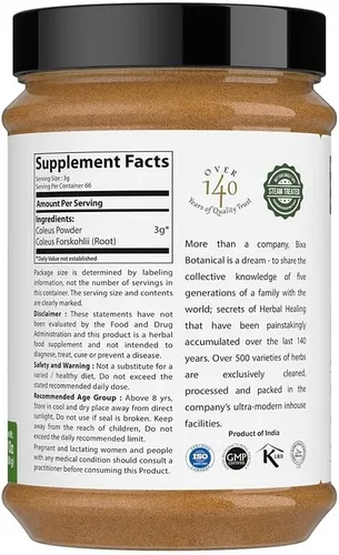 Vista 6 de bixa BOTANICAL Coleus Forskohlii Root Powder Hierba rica en forskolina 7.05 oz / 7 onzas Sin gluten, tratado al vapor, vegano, 100% puro.