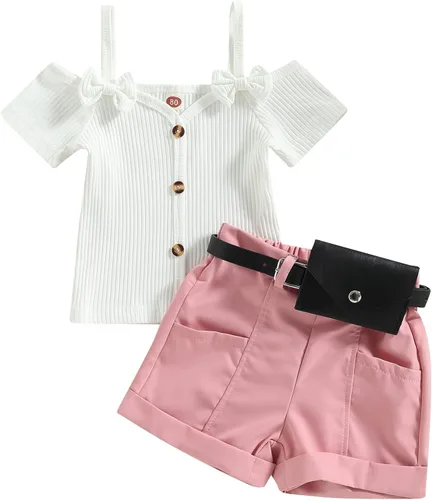Vista 56 de TheFound Trajes de verano para niñas pequeñas, sin mangas, de punto acanalado, halter, pantalones cortos, ropa para recién nacidos, conjunto de 3