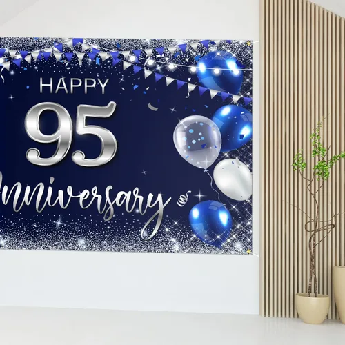 Vista 4 de Cartel de fondo de feliz 95 aniversario, decoración plateada con purpurina de 95 años, decoración temática de fiesta de aniversario de boda