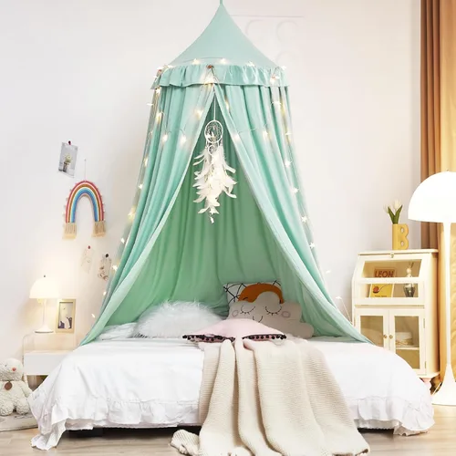 Vista 2 de Kertnic - Toldo decorativo para cama de niños, carpa de algodón suave para decoración de habitación de niñas, castillo de princesa de ensueño Verde