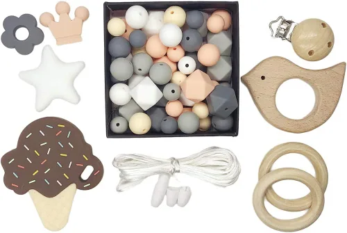 Vista 3 de DIY cuentas de silicona helado conjunto collar pulsera silicona hexágono perlas anillo de madera