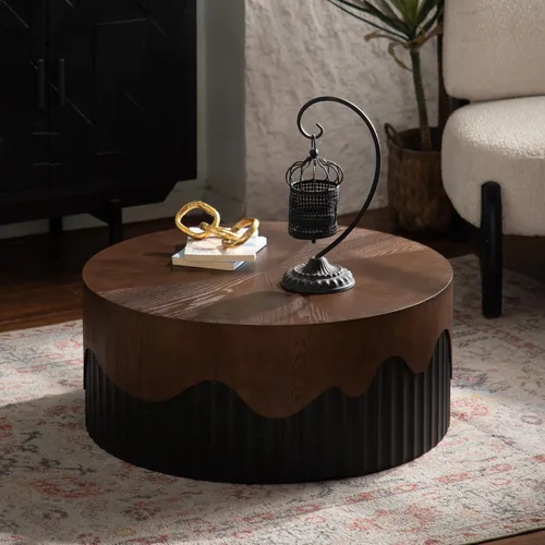 Vista 38 de KEVINSPACE Mesa auxiliar negra con borde dorado en la parte inferior, mesa de centro redonda para espacios pequeños, mesa auxiliar de madera mesita