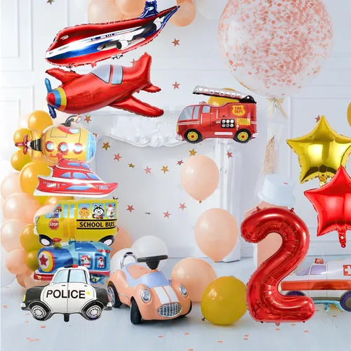 Vista 4 de 12 piezas de camiones de transporte, avión, autobús escolar, camión de bomberos, coche de policía, barco, ambulancia, submarino, globo de número