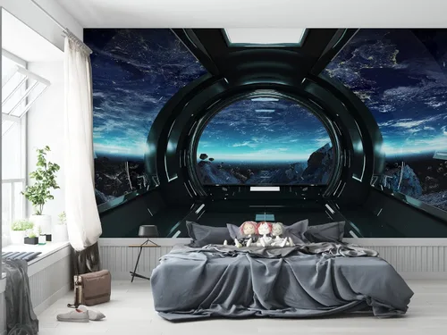 Vista 7 de Niwo ART - Mural de pared Astronauts Explorando Asteroid Spaceship B, Universe Papel tapiz autoadhesivo grande autoadhesivo (64 x 96 pulgadas)