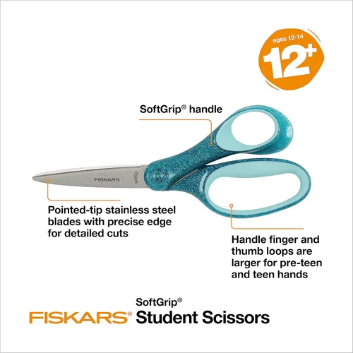 Vista 3 de Fiskars SoftGrip Tijeras con purpurina para estudiantes de 7 pulgadas para niños mayores de 12 años, tijeras para la escuela o manualidades