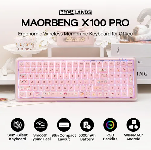 Vista 2 de MechLands X Maorbeng X100 PRO Membrane Gaming Keyboard with Number Pad, RGB Backlits, Wireless Computer Keyboard with 5000mAh Battery, BT/2.4G/USB-C