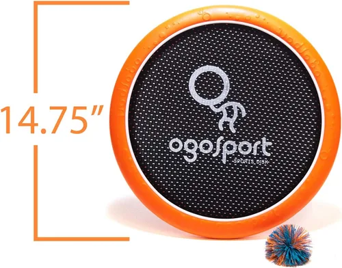 Vista 6 de Set de discos para jugar OgoSport Mezo , L, Azul y anaranjado Foam frisbee, bouncy membrane, indoor/outdoor toss and catch game, pool and beach
