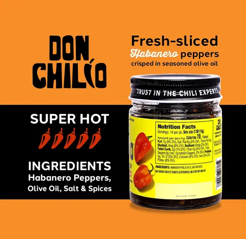 Vista 4 de Don Chilio Salsa picante de habanero mexicano, 5 oz. – Chiles habaneros crujientes y fritos en aceite de oliva 100% sazonado – Apto para keto