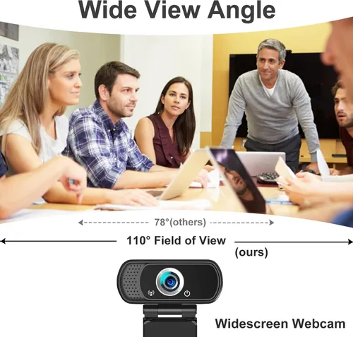 Vista 4 de Cámara web de 1080p con micrófono, cámara web USB con ángulo de visión de 110 grados, cámara de computadora, trípode de cámara web/cubierta