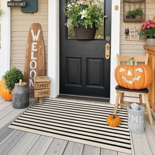 Vista 18 de KIMODE - Alfombra de algodón tejida con diseño a rayas en color negro, para puerta de entrada, cocina, decoración de estilo rústico