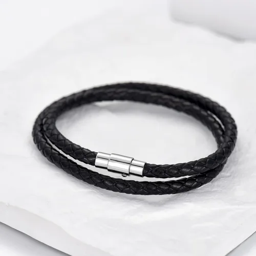 Vista 2 de KXJ Pulsera de cuero italiano para hombres y mujeres, genuina, doble envoltura, negromarrónrojo, brazalete de cuero trenzado con cierre magnético