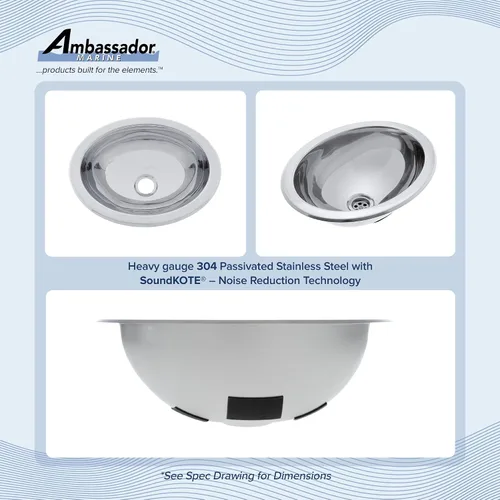 Vista 2 de AMBASSADOR MARINE GRADE - Fregadero ovalado de acero inoxidable 304, fregadero de barco/fregaderos de caravana, fregaderos de cocina, cabeza/baño