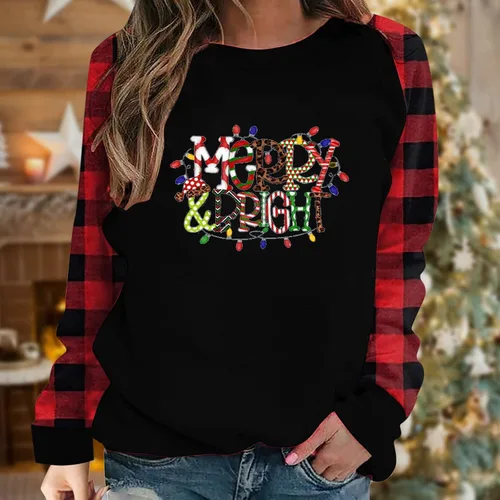 Vista 2 de MRGIINRI Suéter feo de Navidad para mujer 2023 invierno cálido raglán manga larga sudaderas Buffalo Plaid Navidad Tops