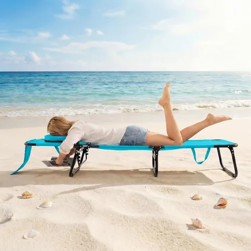 Vista 9 de GYMAX Silla de bronceado, silla de playa de 350 libras con agujero para la cara, almohada lavable y correa de transporte, tumbona plegable Ártico