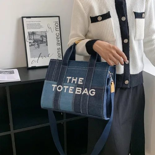 Vista 8 de Bolso de mano para mujer, bolso de mano con cremallera, lona, piel sintética, bolso cruzado de mezclilla, bolso de hombro para oficina, viajes