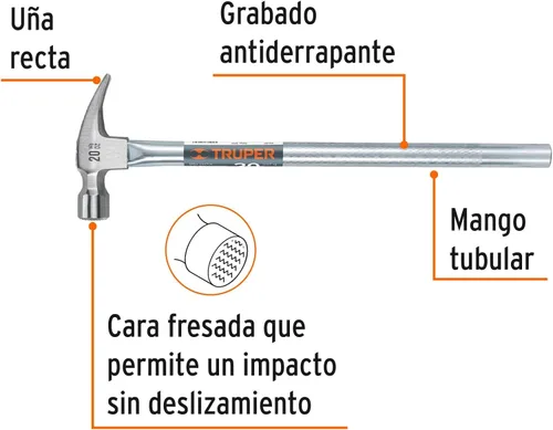 Vista 2 de TRUPER SJ-16 Martillo de garra curvado, mango tubular 16 oz (454 g) Mango 13 "(330mm)