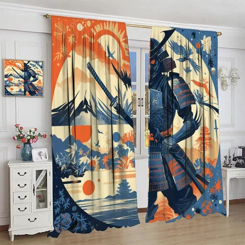 Vista 4 de Asian Japanese Samurai Blackout Curtains, Watercolor Floral Sun Mountain Art Style Window Drapes, for Kid Teens Boys Man Living Room Bedroom 42" W X