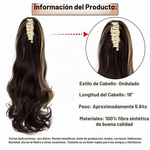 Vista 2 de Extensión de cola de caballo con clip de garra, de 18 pulgadas, extensiones de cabello ondulado largo para mujer, extensiones de cola de caballo