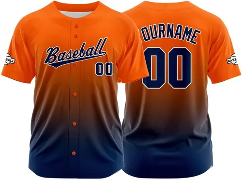 Vista 26 de Camiseta de béisbol con degradado personalizado, nombre, número y logotipo personalizados para hombres, mujeres y niños