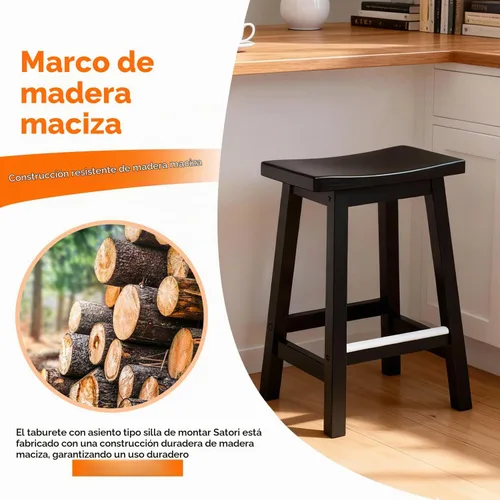 Vista 6 de Juego de 2 Taburetes de Bar PayLessHere, Taburetes de Silla de Montar de Madera de 24 Pulgadas de Altura, Sillas de Bar con Reposapiés