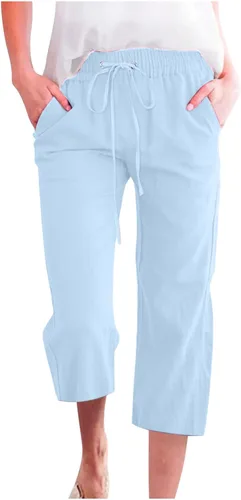 Vista 26 de Ceboyel Pantalones capri para mujer para verano, cintura elástica, pantalones de yoga, con cordón, pantalones de lino, pantalones de entrenamiento