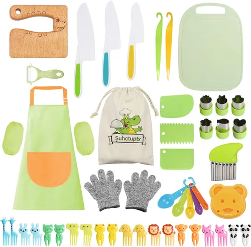 Vista 9 de Suhctuptx Cuchillos de cocina para niños, juego de cuchillos de nailon para niños pequeños con cortador ondulado, cuchillo seguro para niños