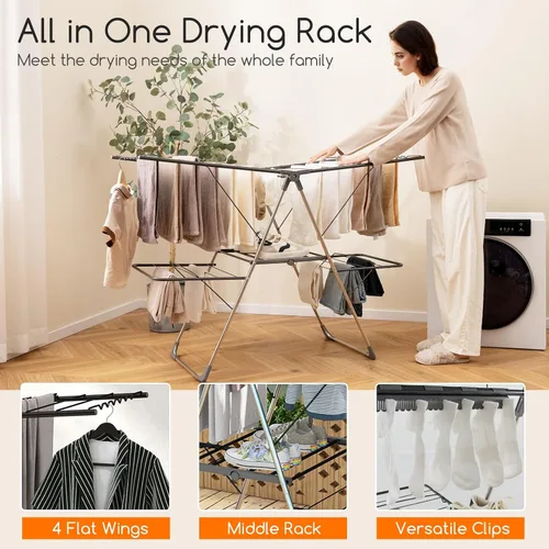 Vista 7 de Giantex Estante de secado de ropa, estante de secado de ropa plegable con 33 rieles de secado, altura ajustable de 3 niveles, clips versátiles