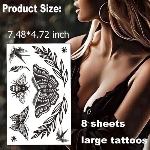 Vista 8 de Tazimi 8 hojas de tatuajes temporales grandes en negro para mujeres y niñas, tatuajes falsos realistas de mariposas, serpientes, abejas