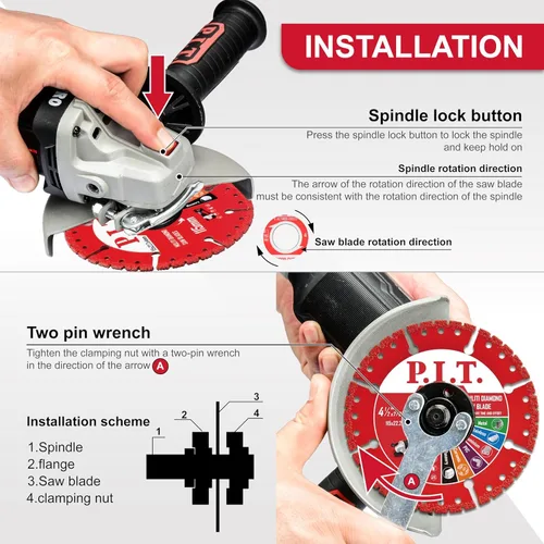 Vista 8 de P.I.T. Rueda de corte multimaterial de 4 1/2 pulgadas para amoladora angular, juego 3 en 1 7/8-Inch Arbor,Diamond Saw Blade for Metal,Carbide