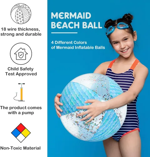 Vista 2 de Honoson Bola de playa de sirena de 16 pulgadas, bola de playa inflable gigante con purpurina, bola de playa con purpurina, regalos de fiesta