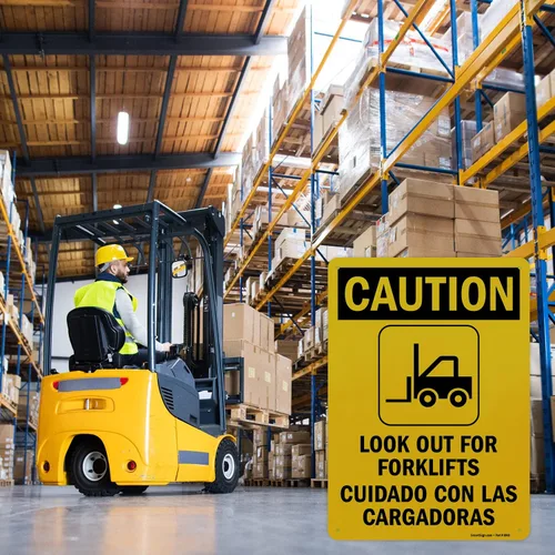 Vista 9 de SmartSign - S-8498-AL-14 Letrero bilingüe "Precaución - Cuidado con las carretillas elevadoras" Aluminio de 10" x 14