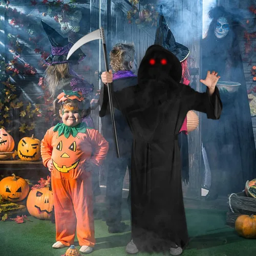 Vista 6 de Disfraz de parca de 4 tamaños para niños y adultos con ojos rojos brillantes y cosplay de guadaña disfraz de Halloween aterrador de la muerte