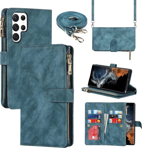 Vista 27 de Cavor Funda tipo cartera cruzada para Samsung Galaxy S22 Plus, color negro Funda de cuero con cierre magnético con cremallera y función atril TPU