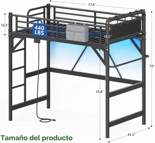 Vista 2 de Cama tipo loft tamaño Twin con luces LED y estación de carga, marco de cama loft de metal industrial de servicio pesado con escalera y barandilla
