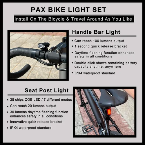 Vista 5 de PAX Juego de luces recargables para bicicleta de seguridad, luz delantera y trasera para bicicleta, estándar impermeable IPX4, modo de luz múltiple